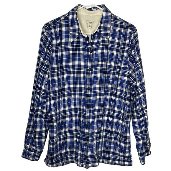 L.L. Bean Blue Plaid Fleece Lined Shacket Women's Medium #285013 Button Up Shirt - Picture 1 of 7